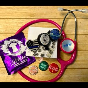 Pink MDF basic stethoscope perfect for students. Multiple badge reels included.